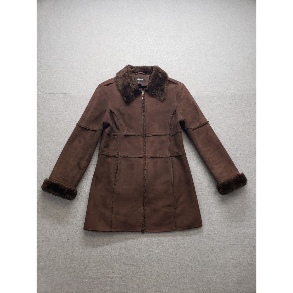 Style&Co Women Jacket S Brown Suede Faux Fur Trim Full Zip Warm Winter Dressy